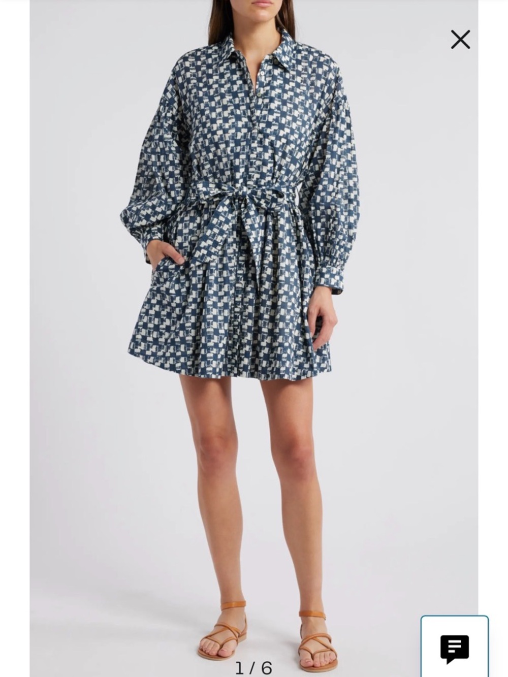 Cleobella Collette Long Sleeve Organic Cotton Tie Waist Mini Shirtdress Size XS